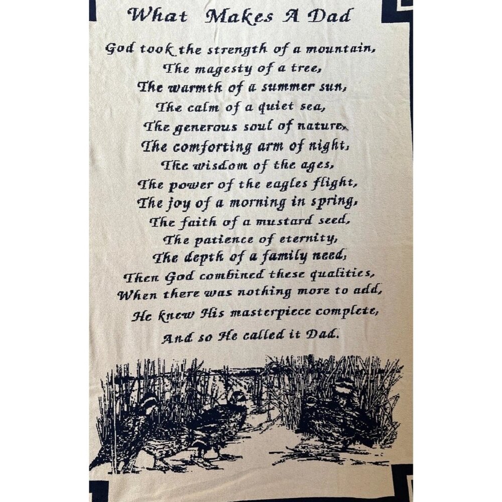 Woven Throw Blanket "What Makes A Dad" Blue Ivory Soft Woven Cotton 71" Long Vtg - Picture 10 of 11